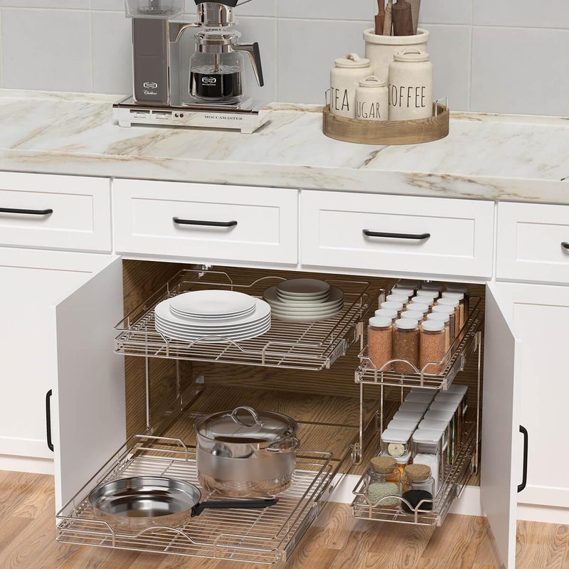 OCG 2 Tier Pull Out Cabinet Organizer (18.5" W x 21" D), Pull Out Drawers for Kitchen Cabinets, Pull Out Shelves for Base Cabinet Organization in Kitchen Bathroom Pantry, Chrome Finish - Image 3